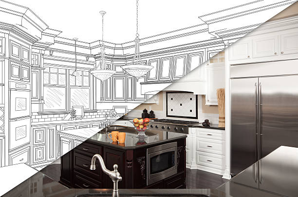 Diagonal Split Screen Of Drawing and Photo of Beautiful New Kitchen.